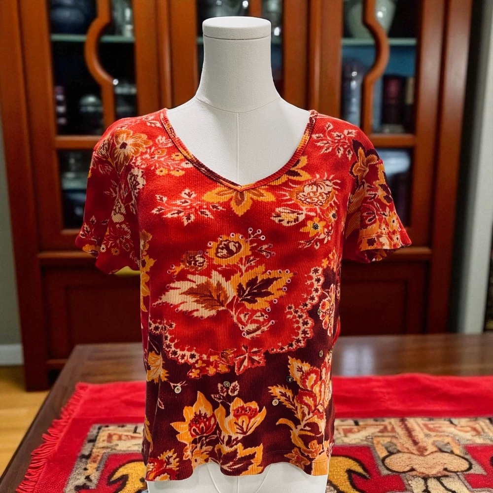 Pierre Cardin Red Floral Beaded Sequin Top Boho Y2K Vintage Festival Large